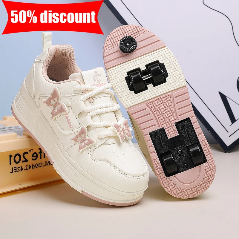 Children Roller Skates Four-wheel Sports Shoes Wear-resistant Comfortable Leather Lace Up Roller Wheel Shoes for Kids